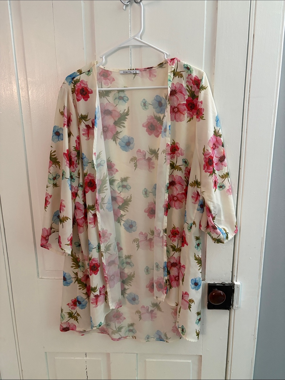 Floral Sheer Open Kimono - Cream with Pink & Blue Flowers